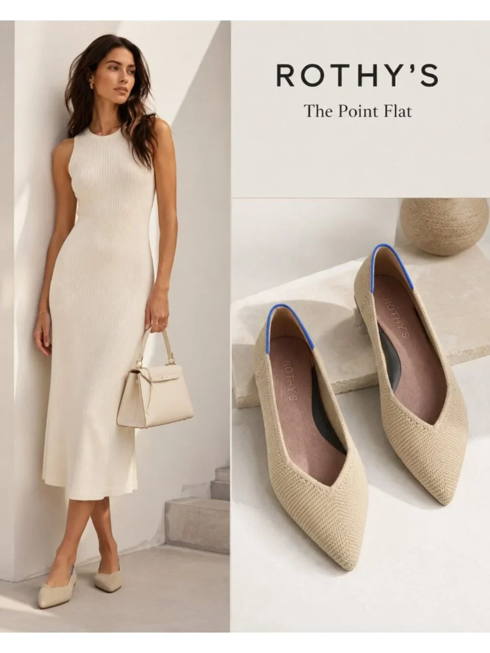 Rothy’s The Point Beige Knit Ballet Flats Women’s US 9 EU 40 Washable Shoes